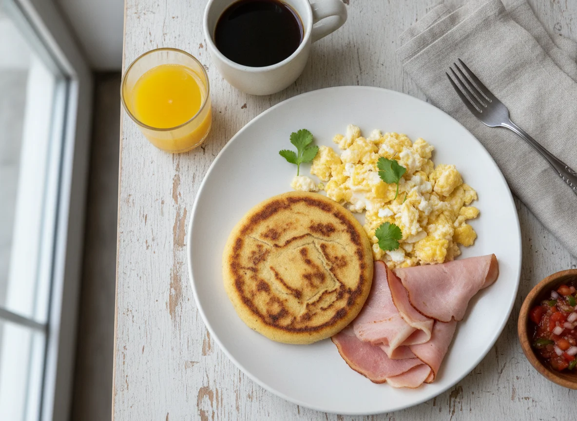 Desayuno con arepa, huevos revueltos y jamón photo
