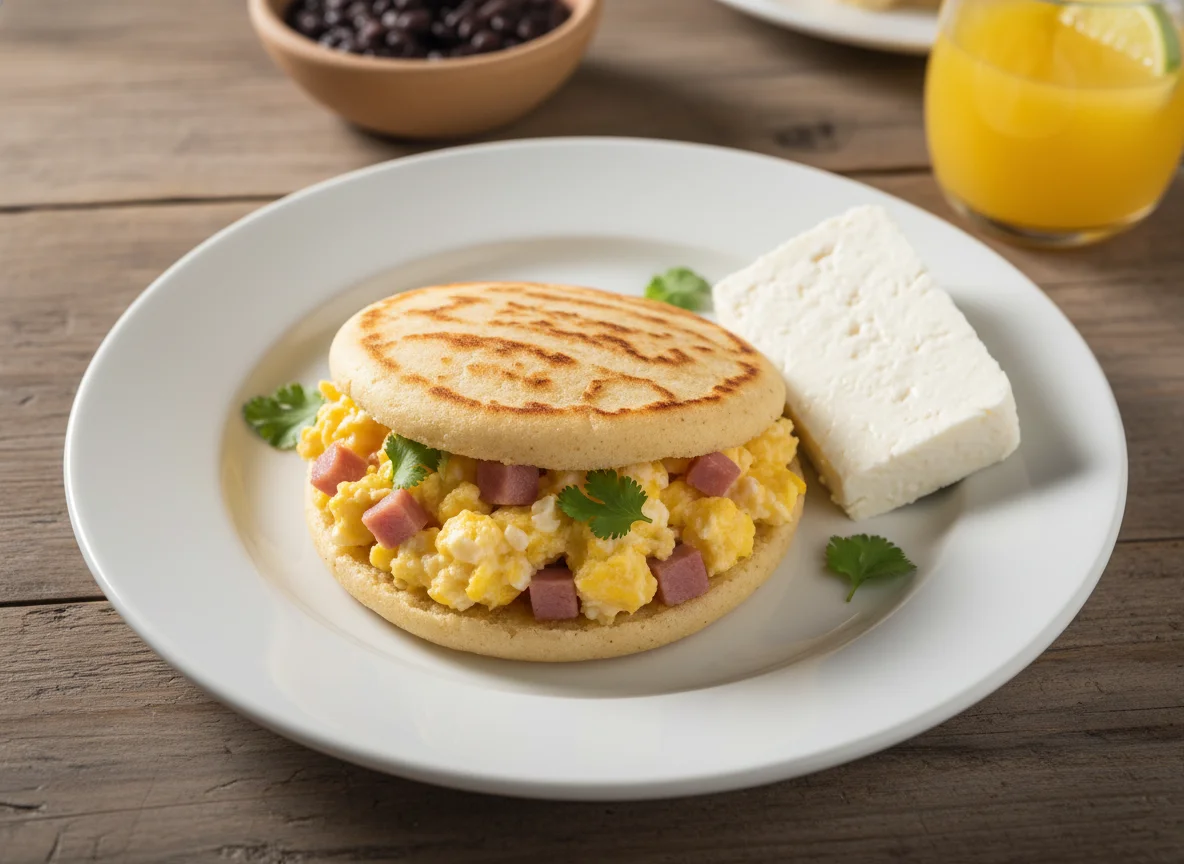 Desayuno con arepa, huevos revueltos y queso photo
