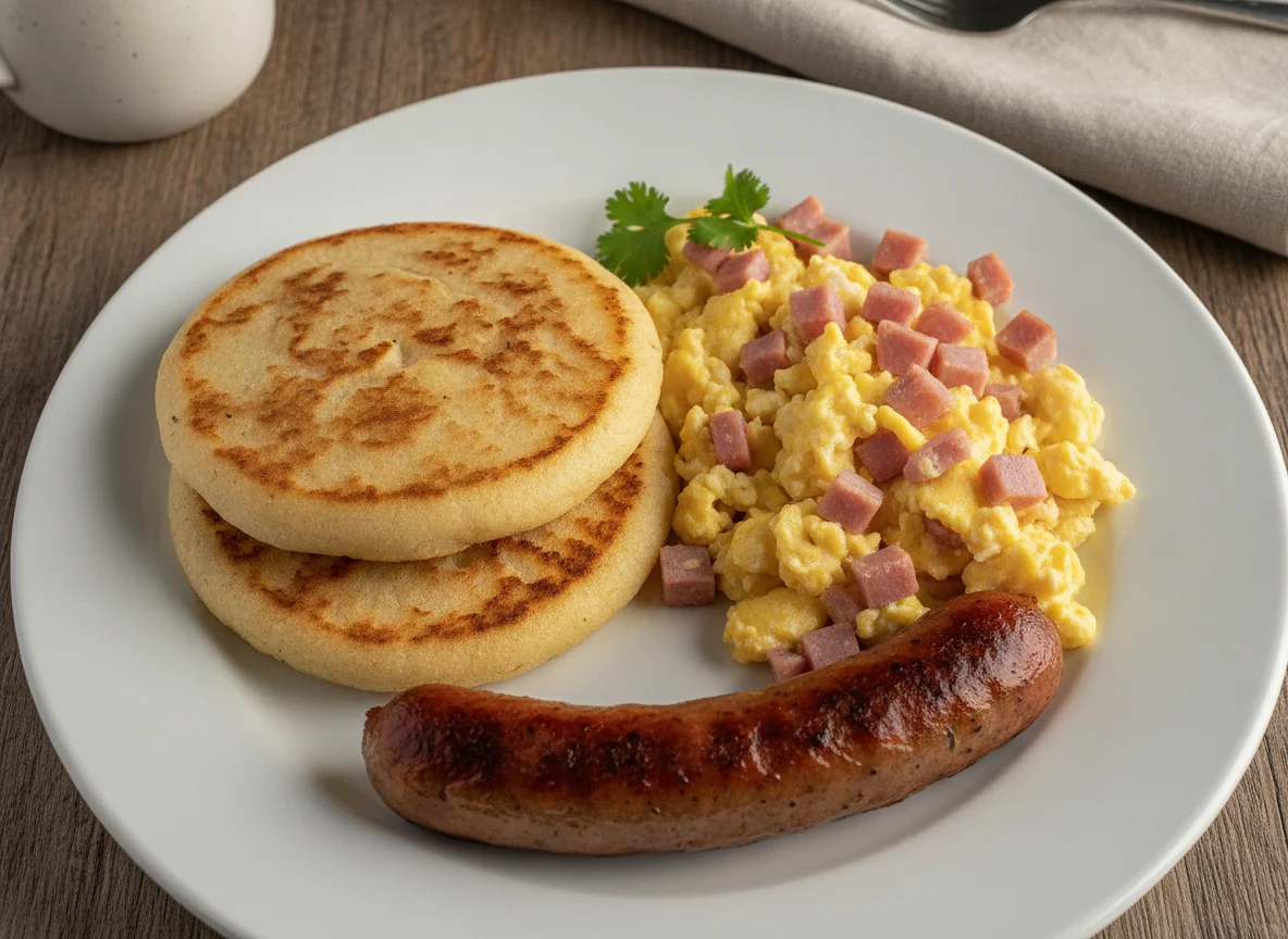 Desayuno con arepa, huevos revueltos y salchicha photo