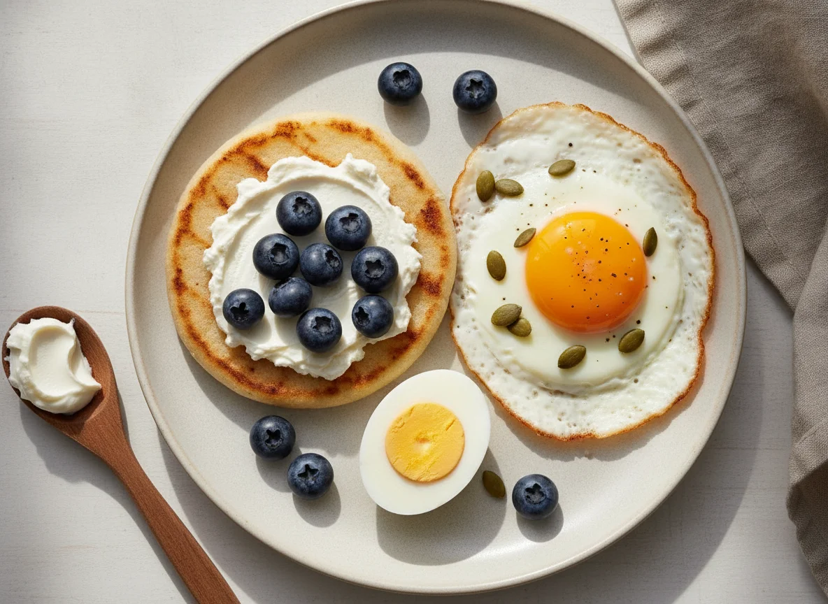 Desayuno con arepa, huevos y arándanos photo