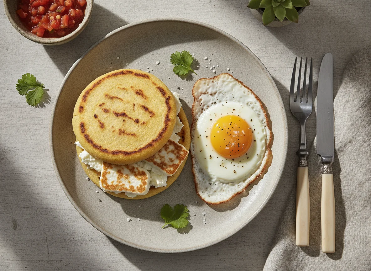 Desayuno con arepa, queso y huevo frito photo