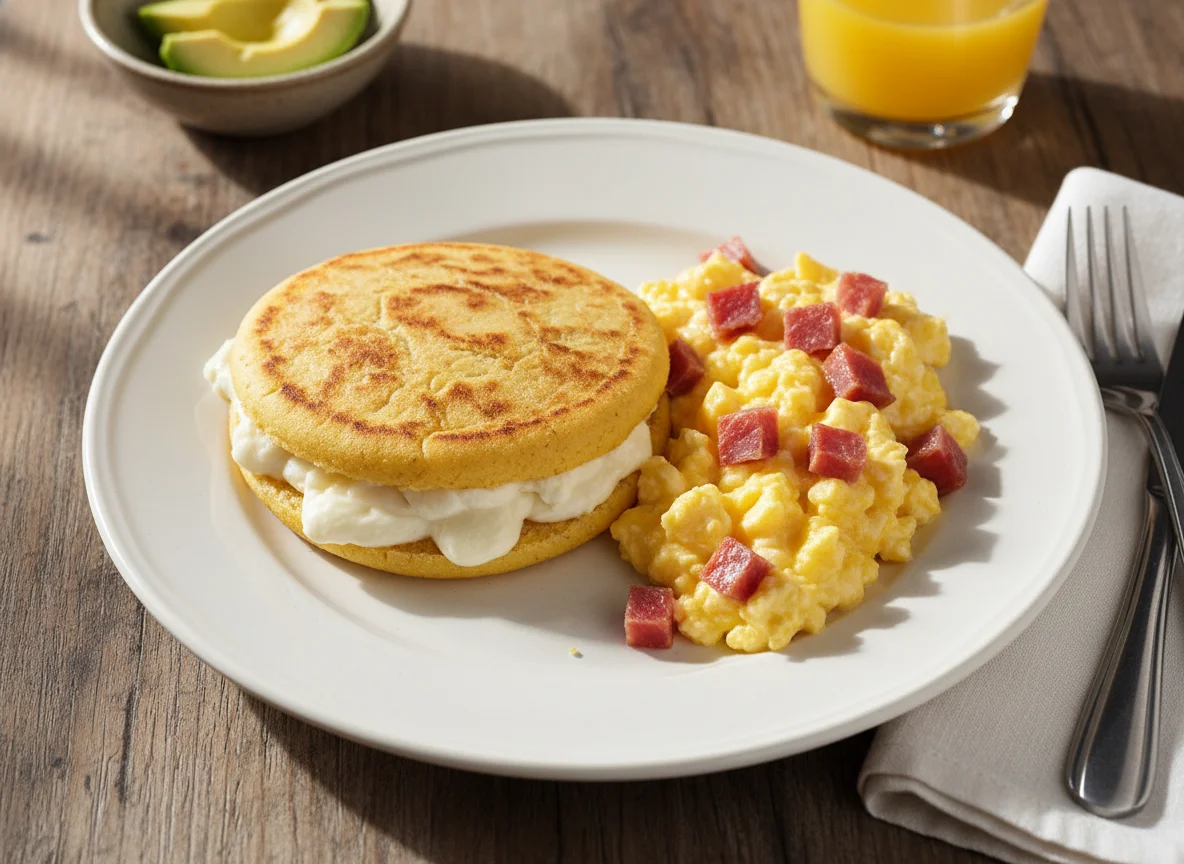 Desayuno con arepa, queso y huevos revueltos con jamón photo