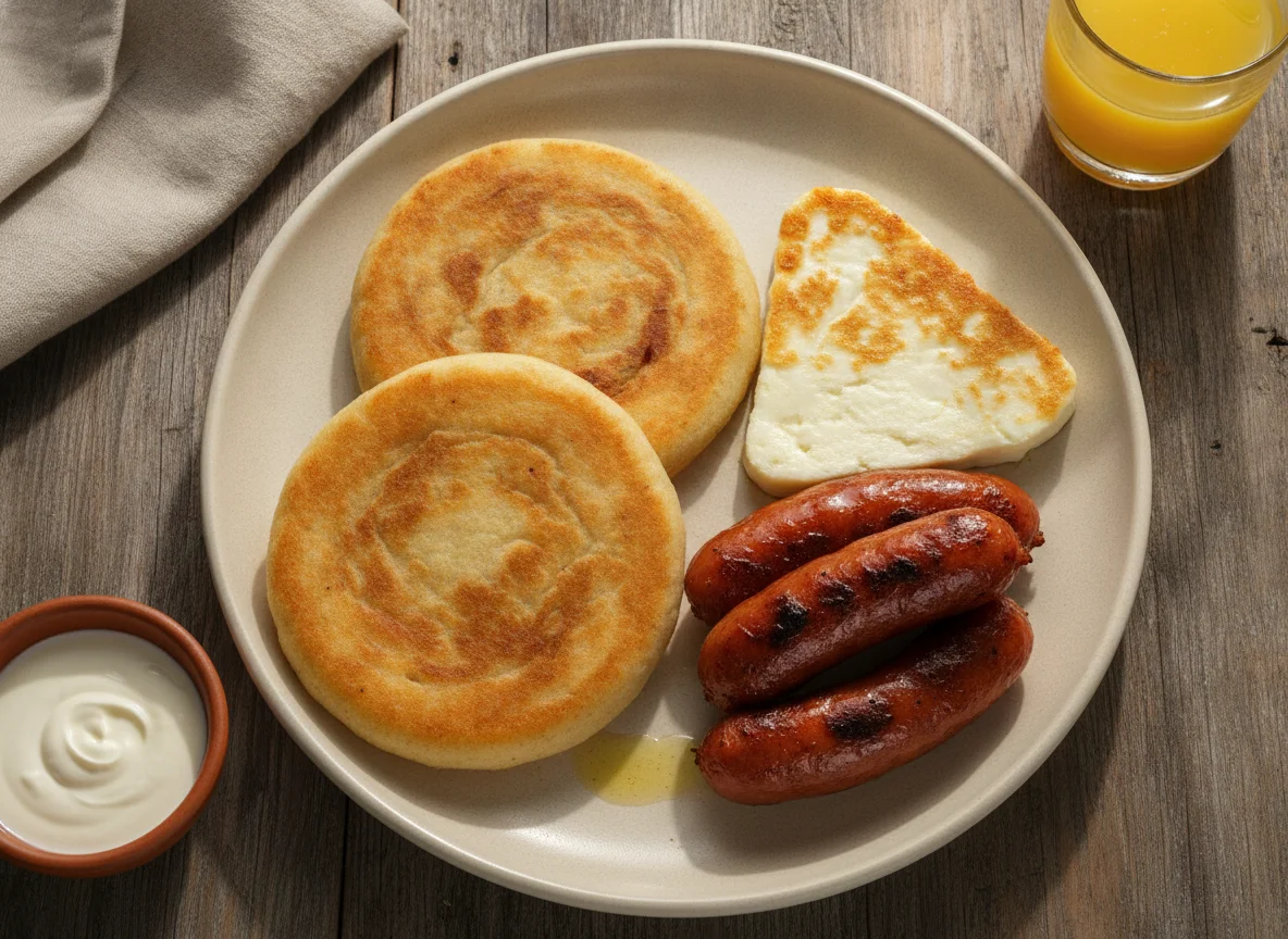 Desayuno con arepa, queso y salchicha photo