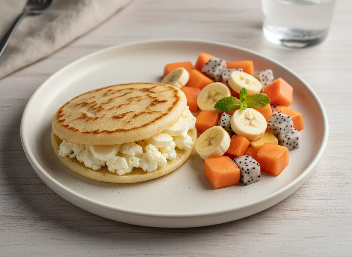 Desayuno con arepa y ensalada de frutas photo