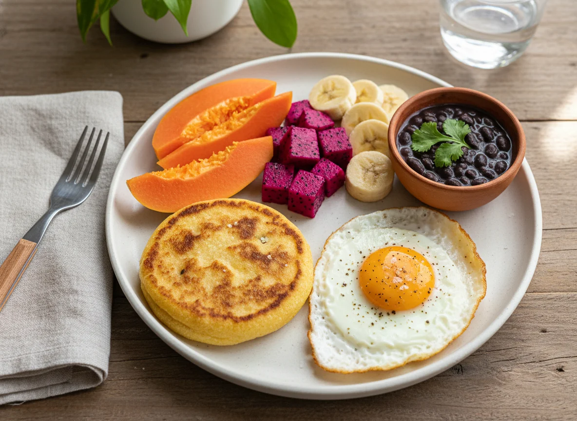 Desayuno con arepa y fruta photo