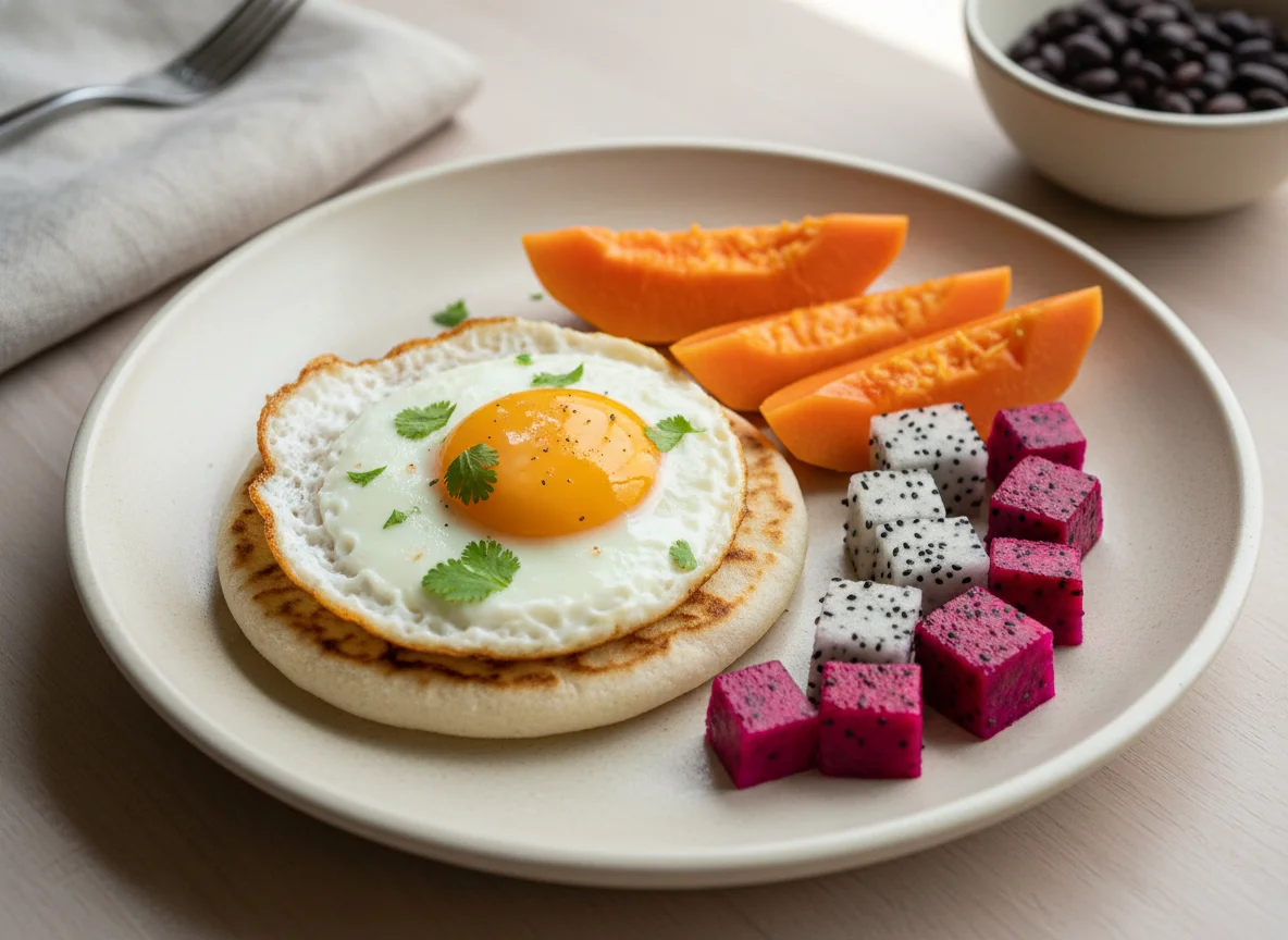 Desayuno con arepa y huevo frito photo