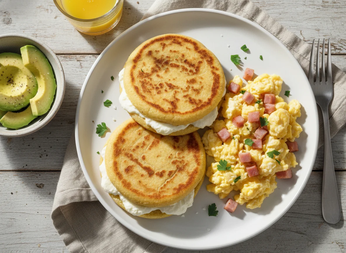 Desayuno con arepa y huevos revueltos photo