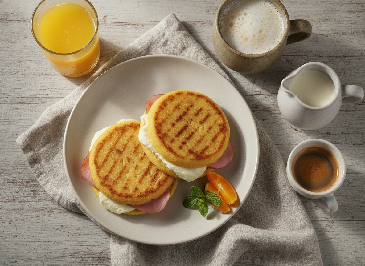 Desayuno con arepas de queso, naranja y café con leche photo