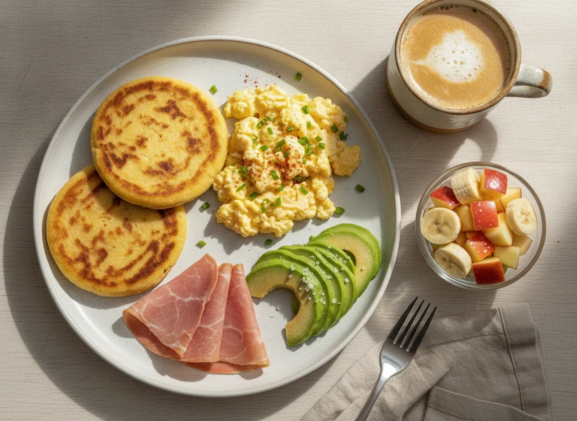 Desayuno con arepas, huevos revueltos, jamón, palta y ensalada de frutas photo