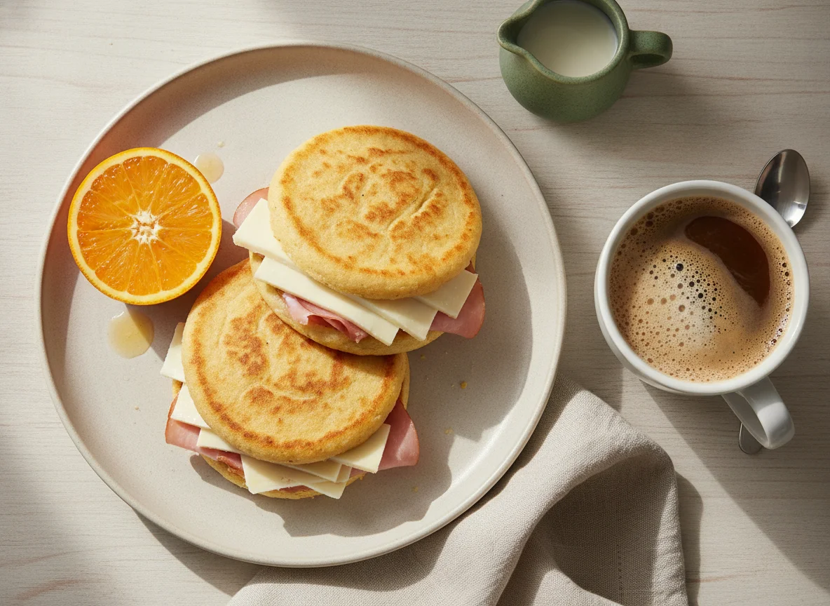 Desayuno con arepas, naranja y café con leche photo