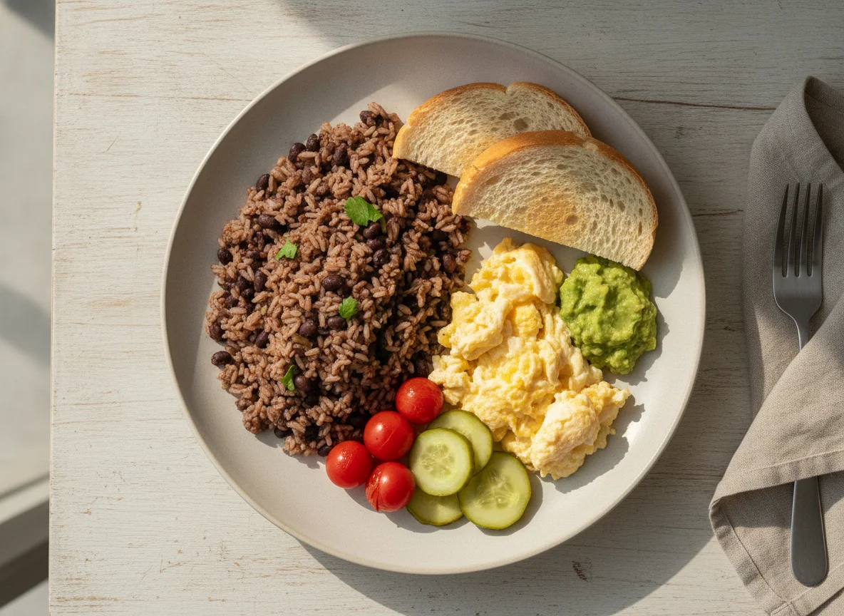 Desayuno con arroz, frijoles y huevos revueltos photo