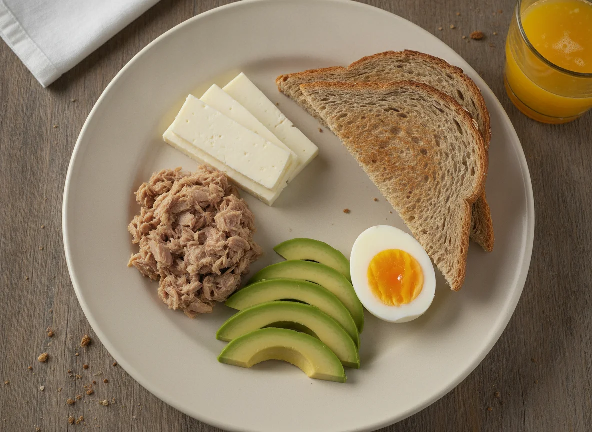 Desayuno con atún, huevo, aguacate y pan integral photo