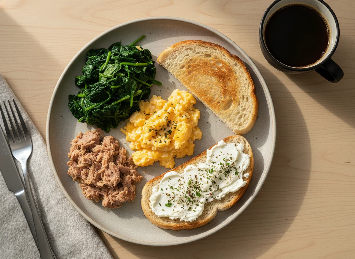 Desayuno con atún, huevos revueltos, espinacas y tostadas con queso fresco photo