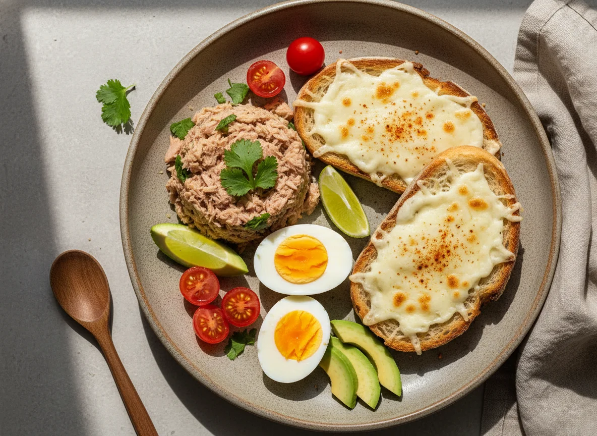 Desayuno con atún, huevos y tostadas con queso photo