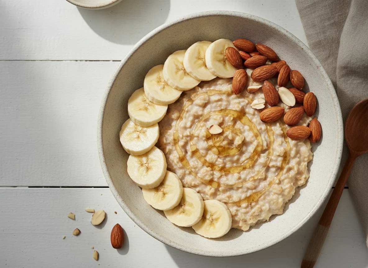 Desayuno con avena, banana y almendras photo