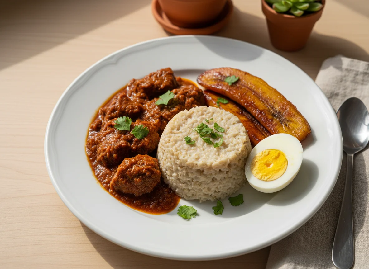 Desayuno con avena y carne guisada photo