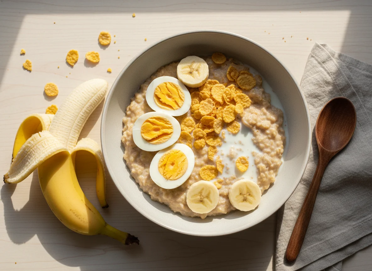 Desayuno con avena y huevo duro photo