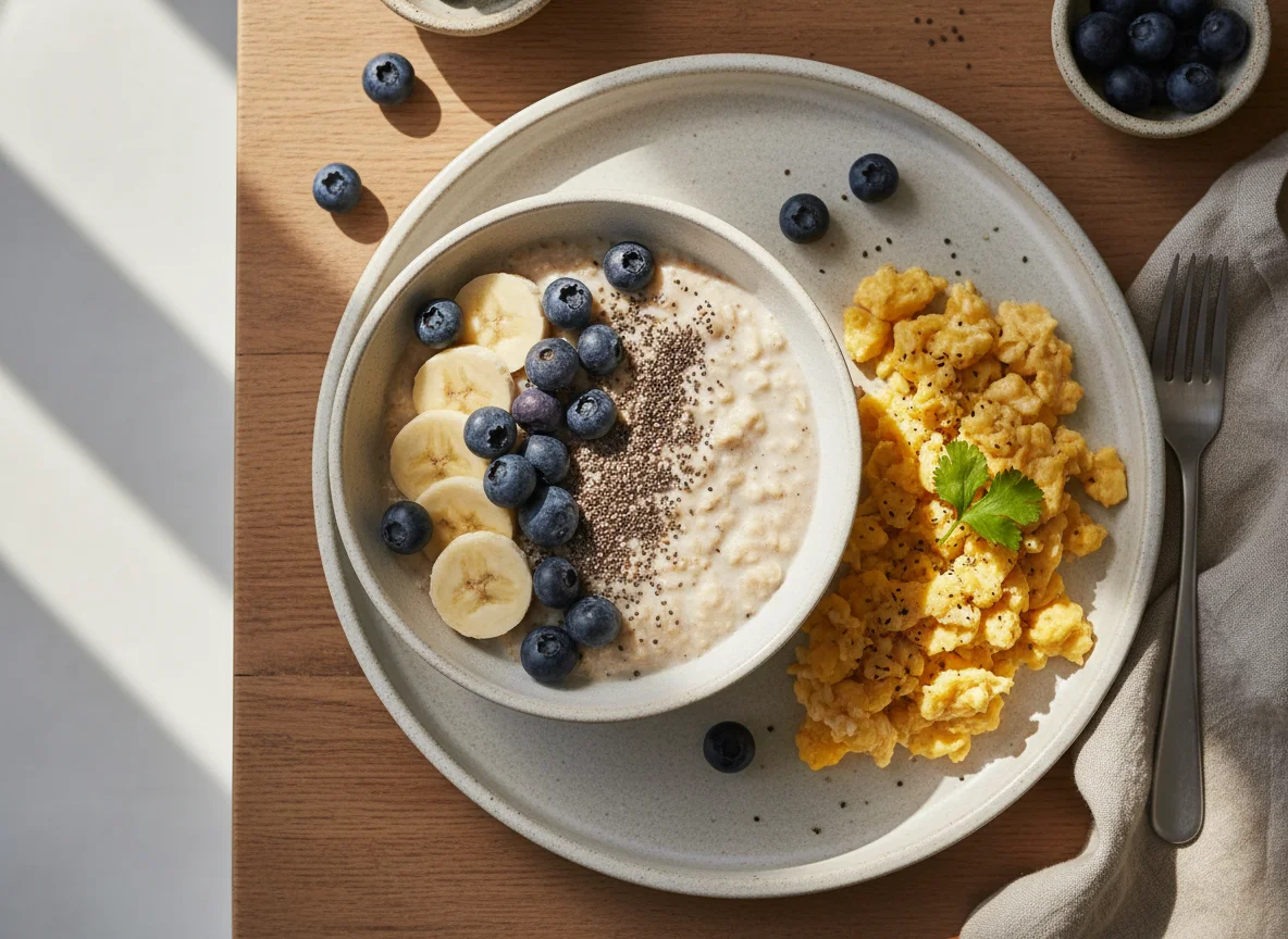 Desayuno con avena y huevos revueltos photo