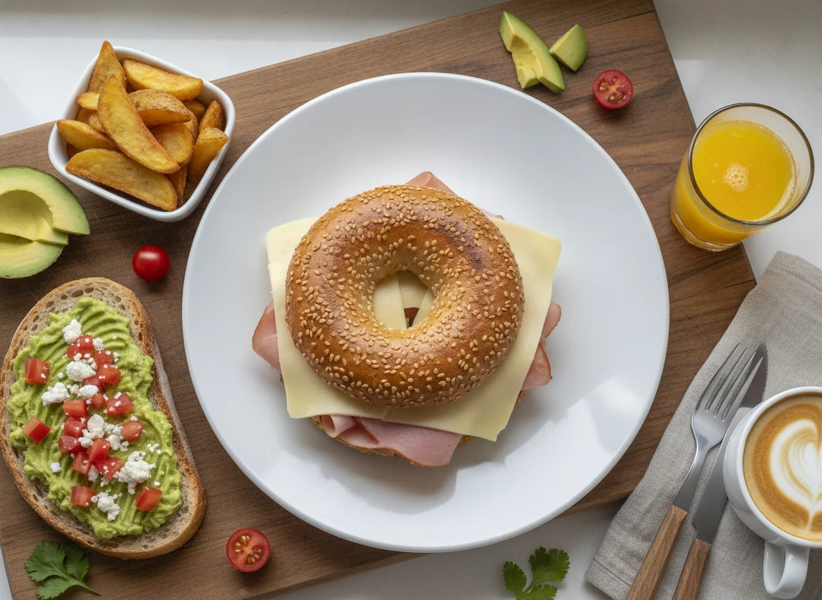 Desayuno con Bagel de Jamón y Queso, Papas Cuña y Tostada de Palta photo