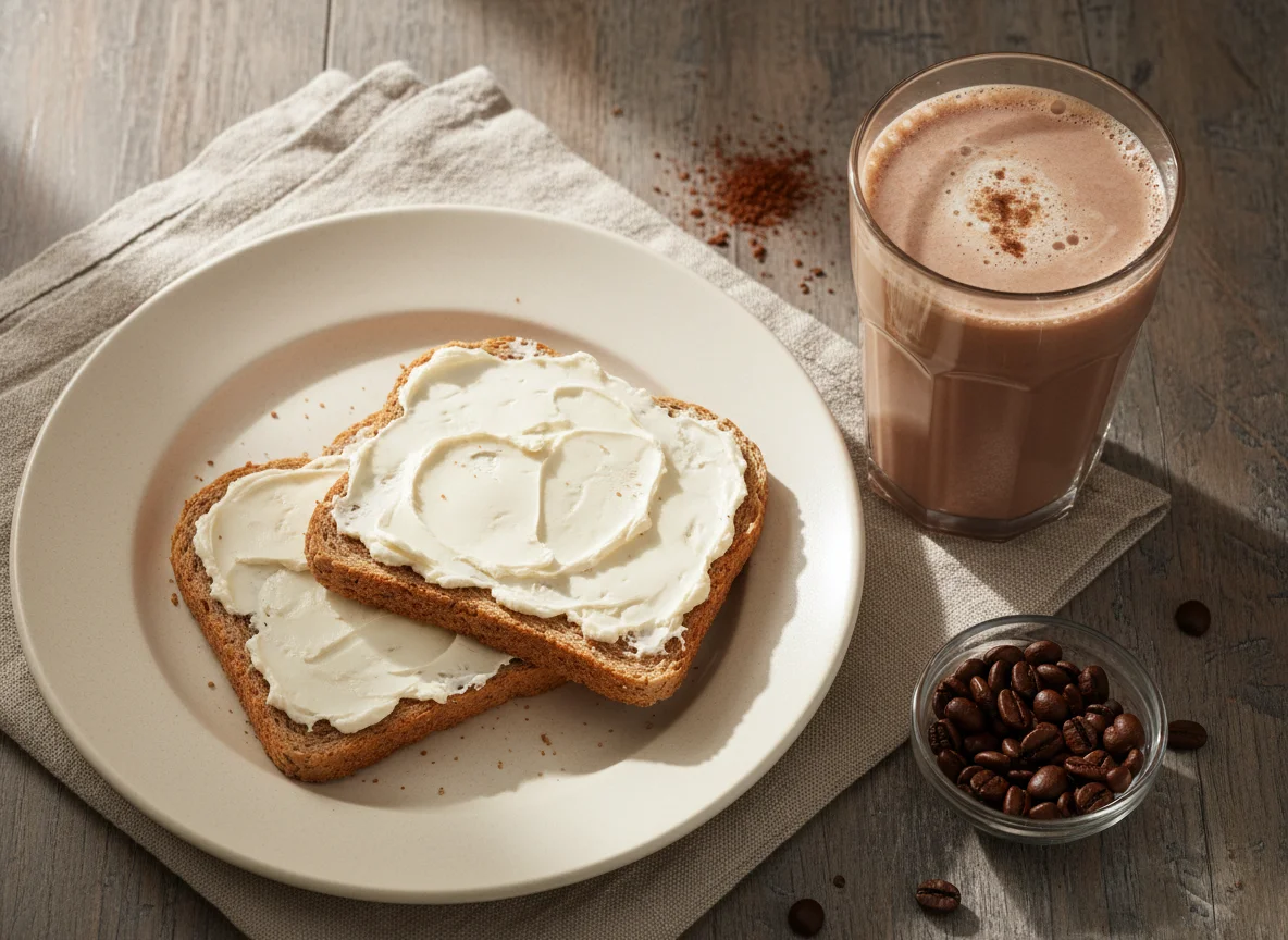 Desayuno con batido de proteínas y tostadas photo