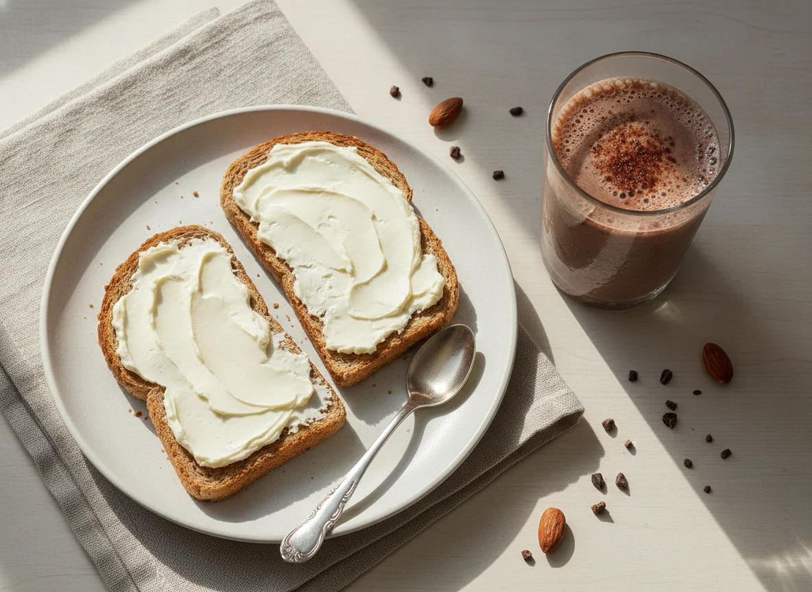 Desayuno con batido de proteínas y tostadas con queso crema photo