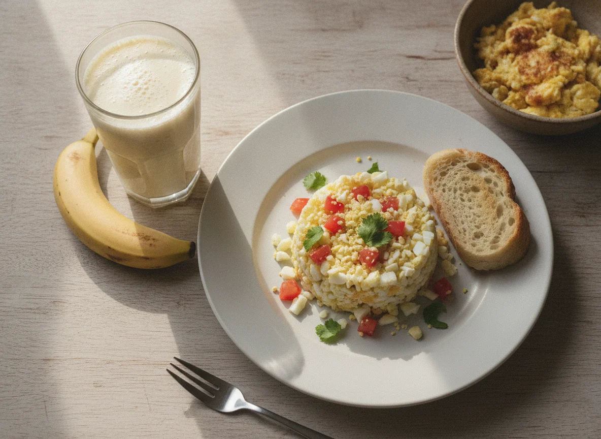 Desayuno con batido y huevos revueltos photo