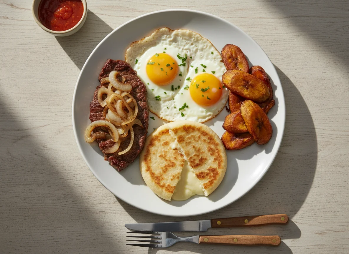 Desayuno con bistec, huevos, arepa y plátano maduro photo