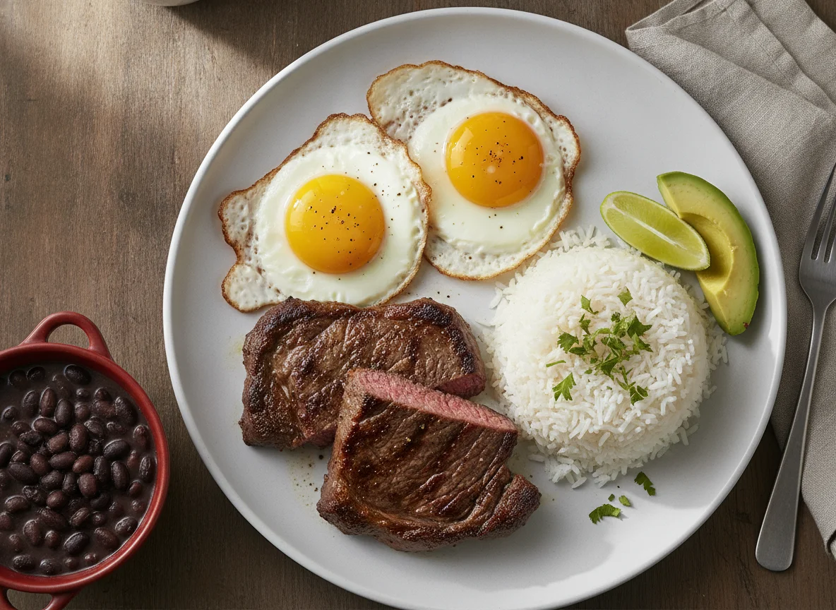 Desayuno con bistec, huevos fritos y arroz photo