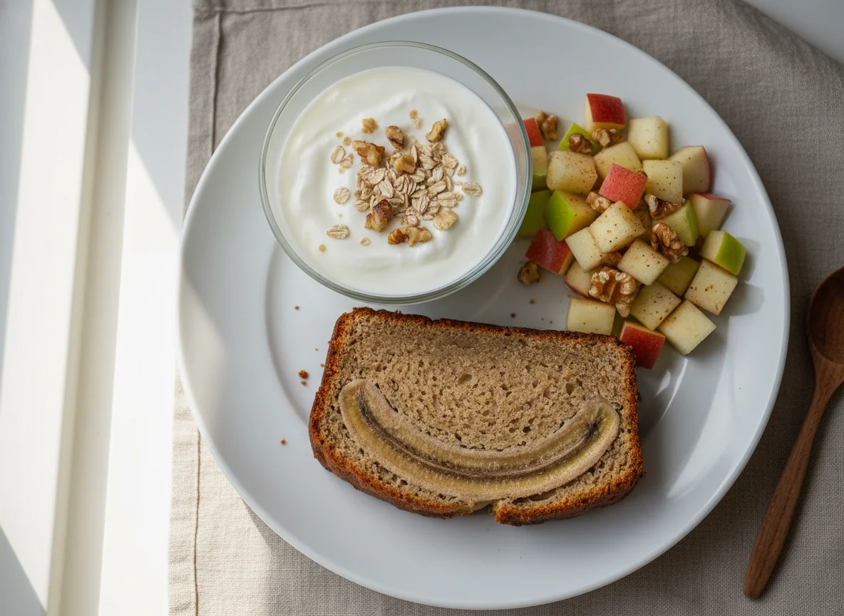 Desayuno con bizcocho de plátano, yogur con avena y ensalada de manzana y nueces photo