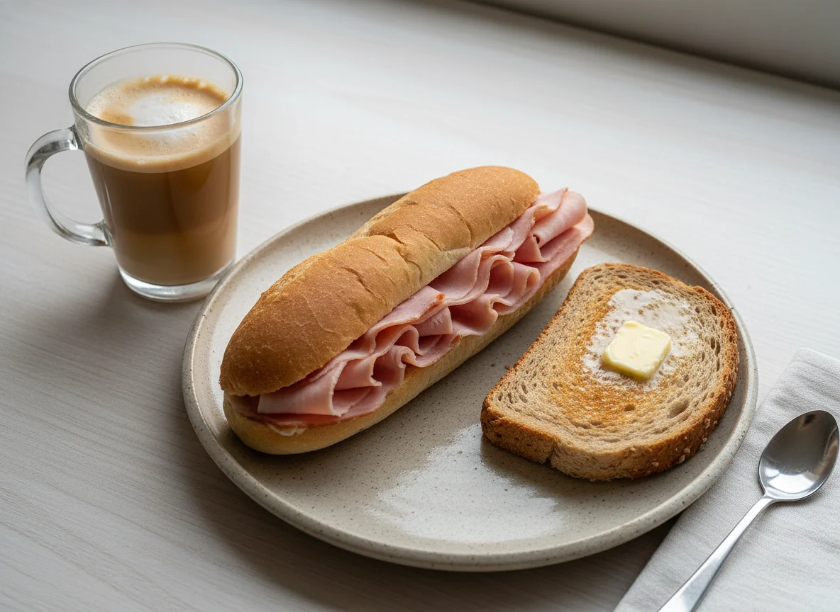 Desayuno con bocadillo de jamón, tostada y café con leche photo
