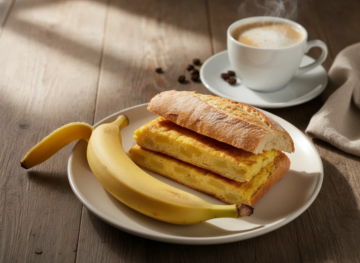 Desayuno con bocadillo de tortilla, café con leche y plátano photo
