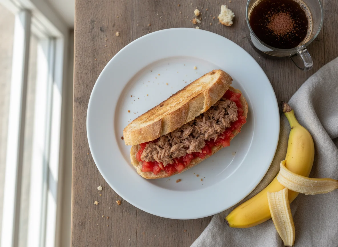 Desayuno con bocadillo y plátano photo