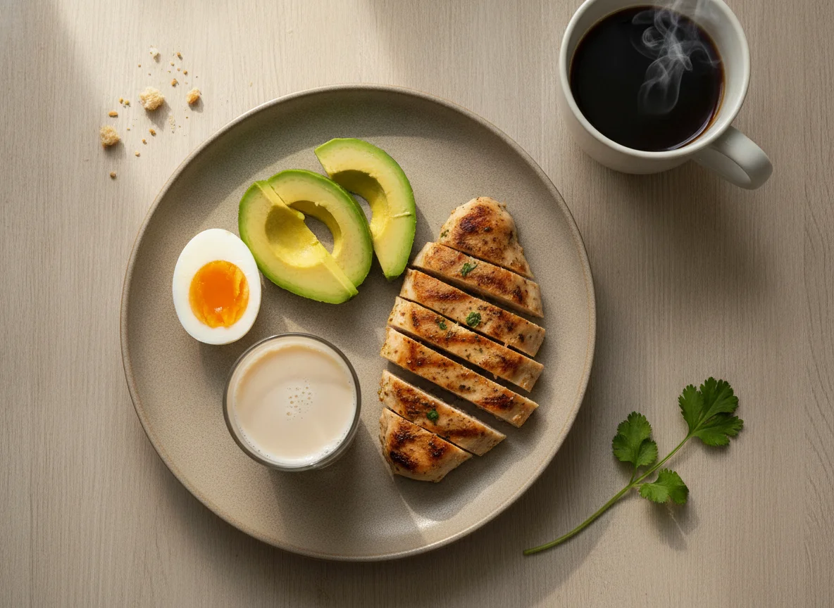 Desayuno con café, aguacate, huevo y pollo photo