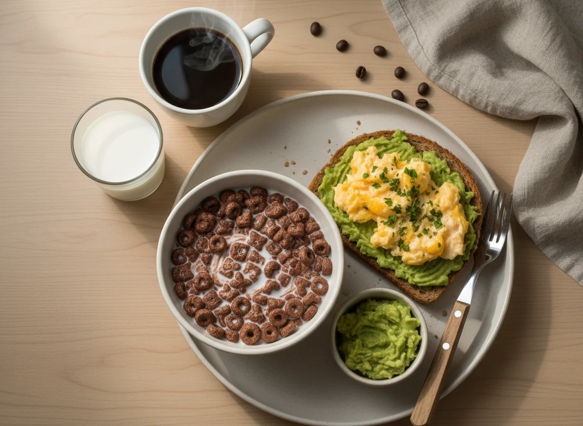 Desayuno con café, cereal y tostada con palta y huevo revuelto photo