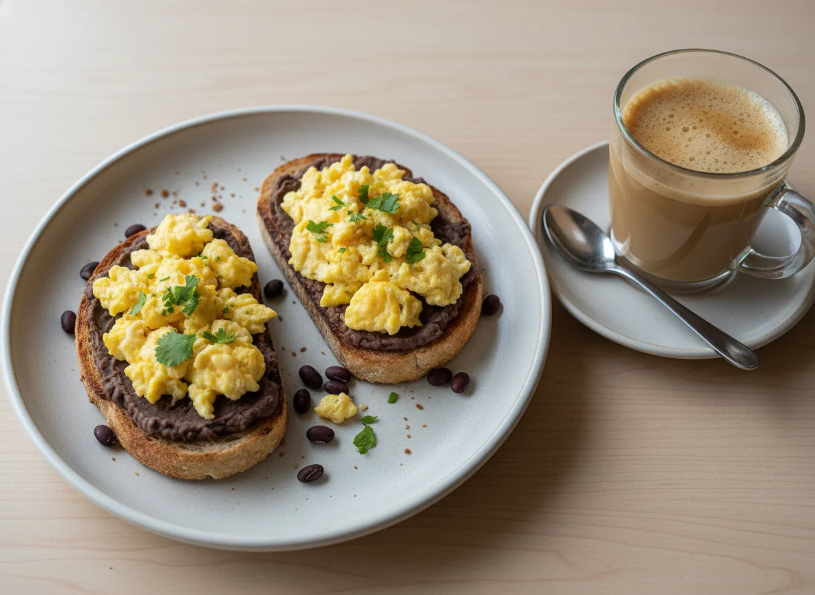 Desayuno con café con leche y tostada de frijoles con huevo photo