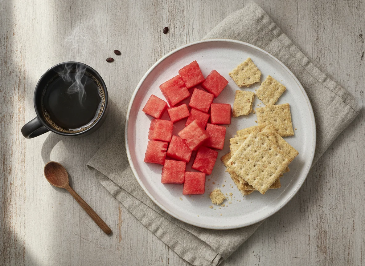 Desayuno con café, galletas y sandía photo