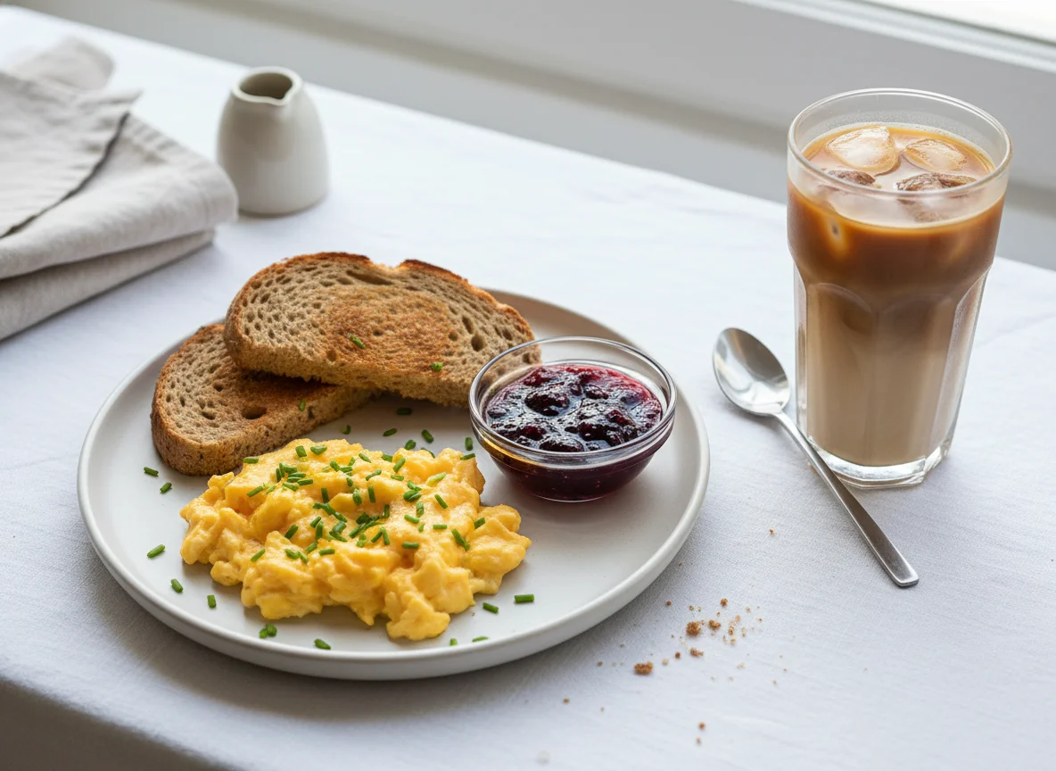 Desayuno con café helado, huevos revueltos y tostada con mermelada photo