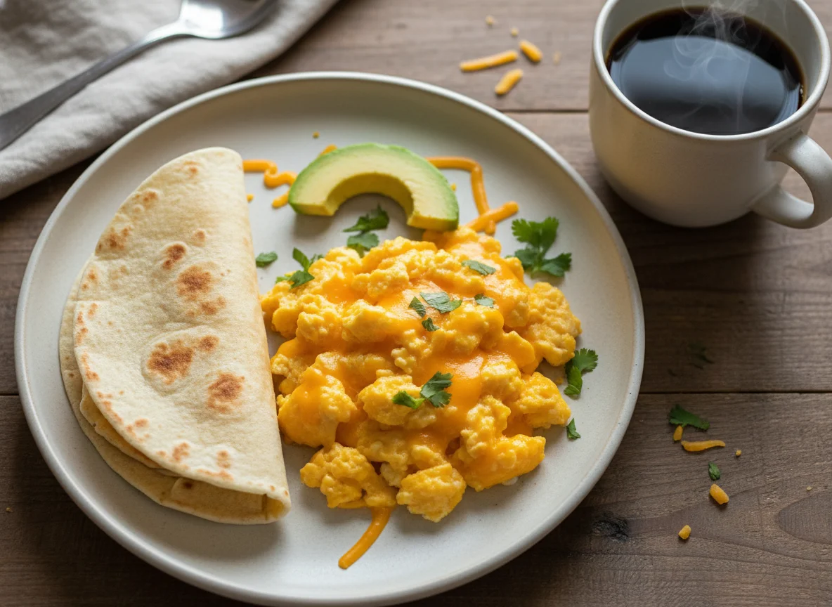 Desayuno con café, huevos revueltos, queso y tortilla photo