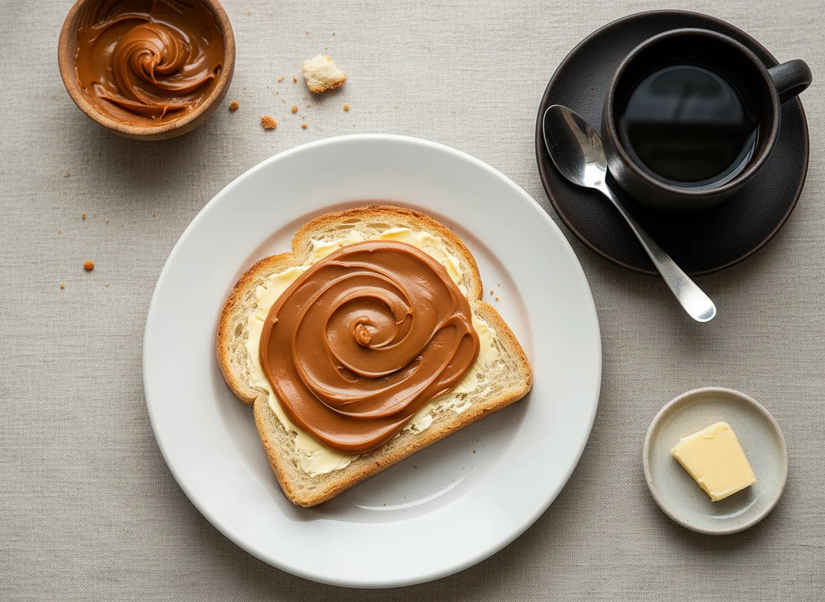 Desayuno con café, pan con manteca y dulce de leche photo