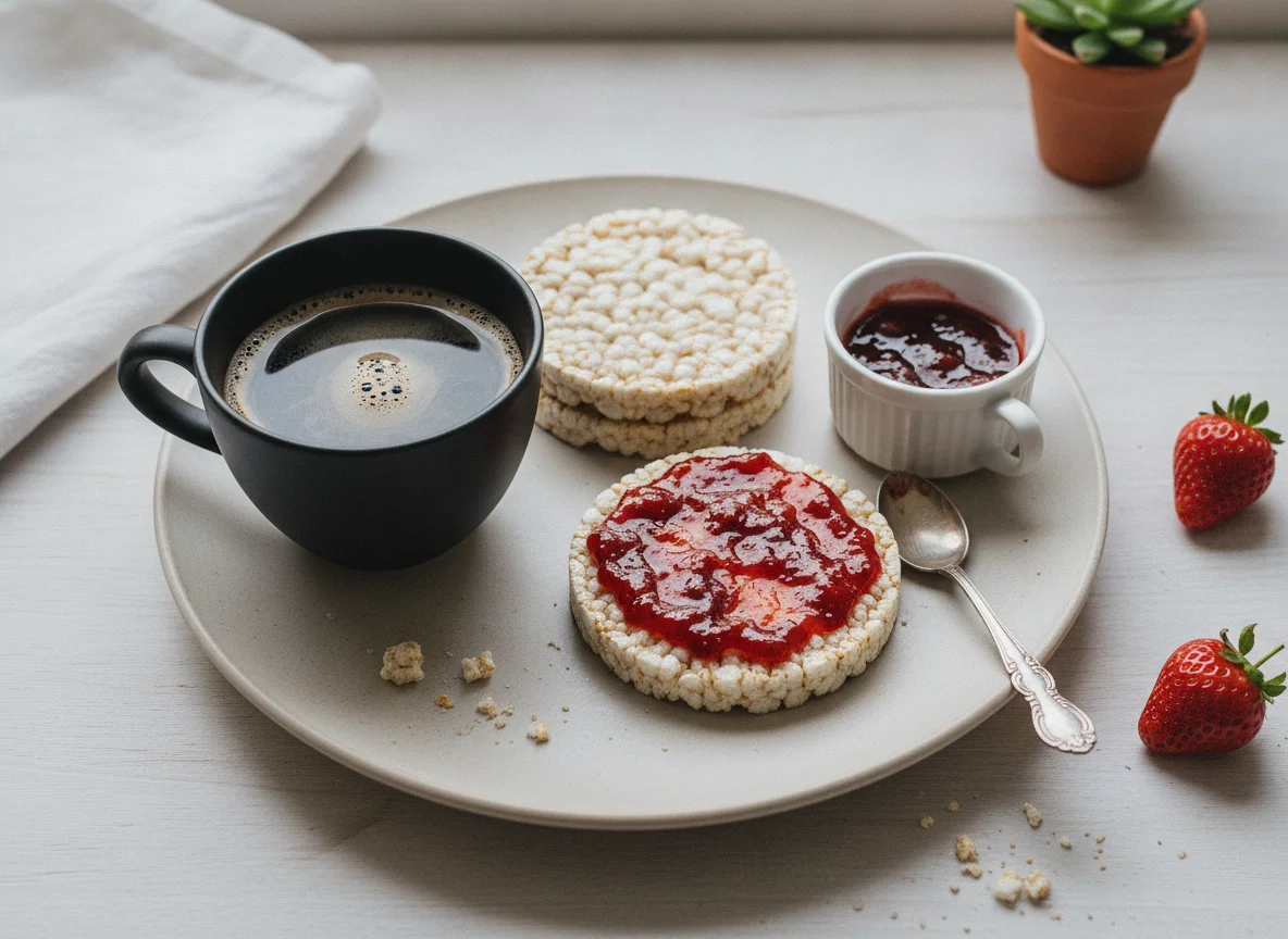 Desayuno con café y galletas de arroz con mermelada photo