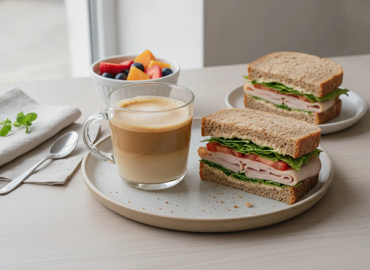 Desayuno con café y sándwiches de pavo photo
