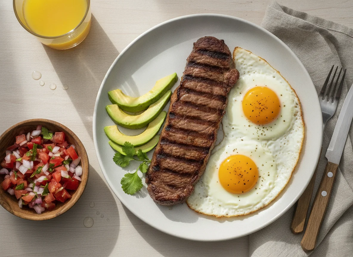 Desayuno con carne, huevos y aguacate photo