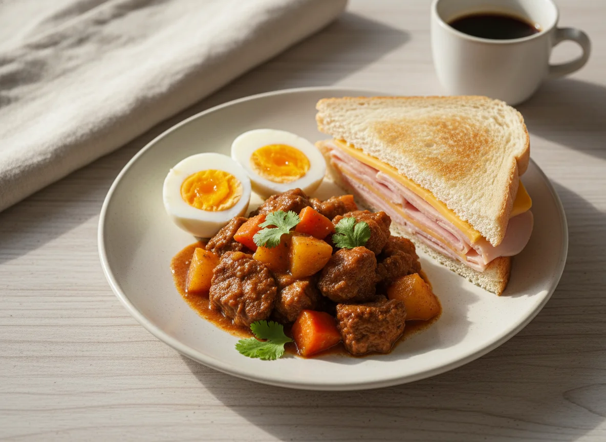 Desayuno con carne, huevos y sándwich photo