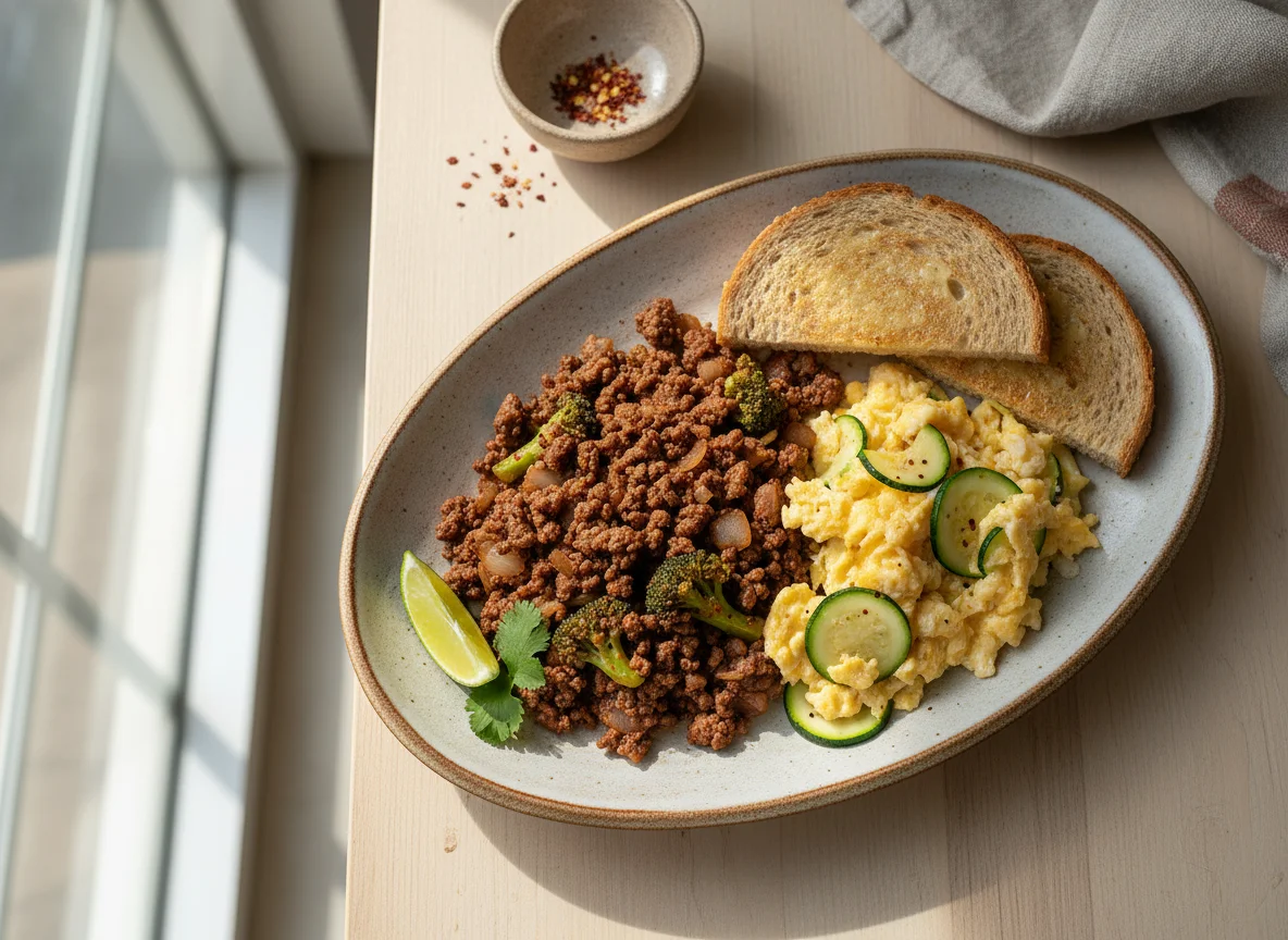 Desayuno con carne molida y huevos revueltos photo
