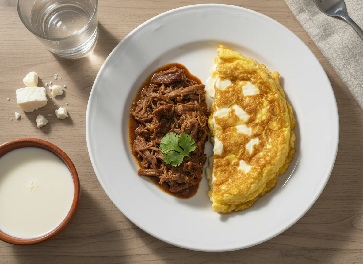 Desayuno con carne, tortilla y leche photo
