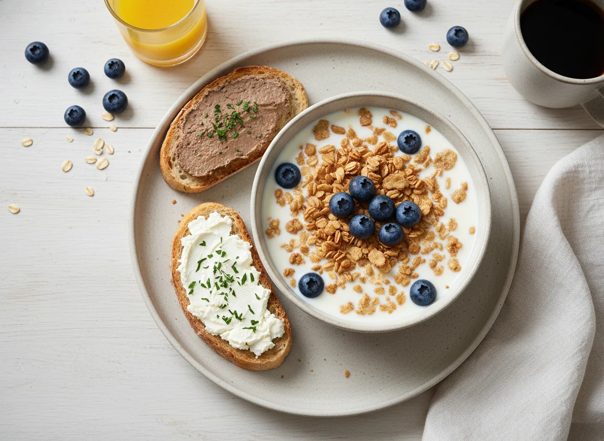 Desayuno con cereales, arándanos y tostadas photo