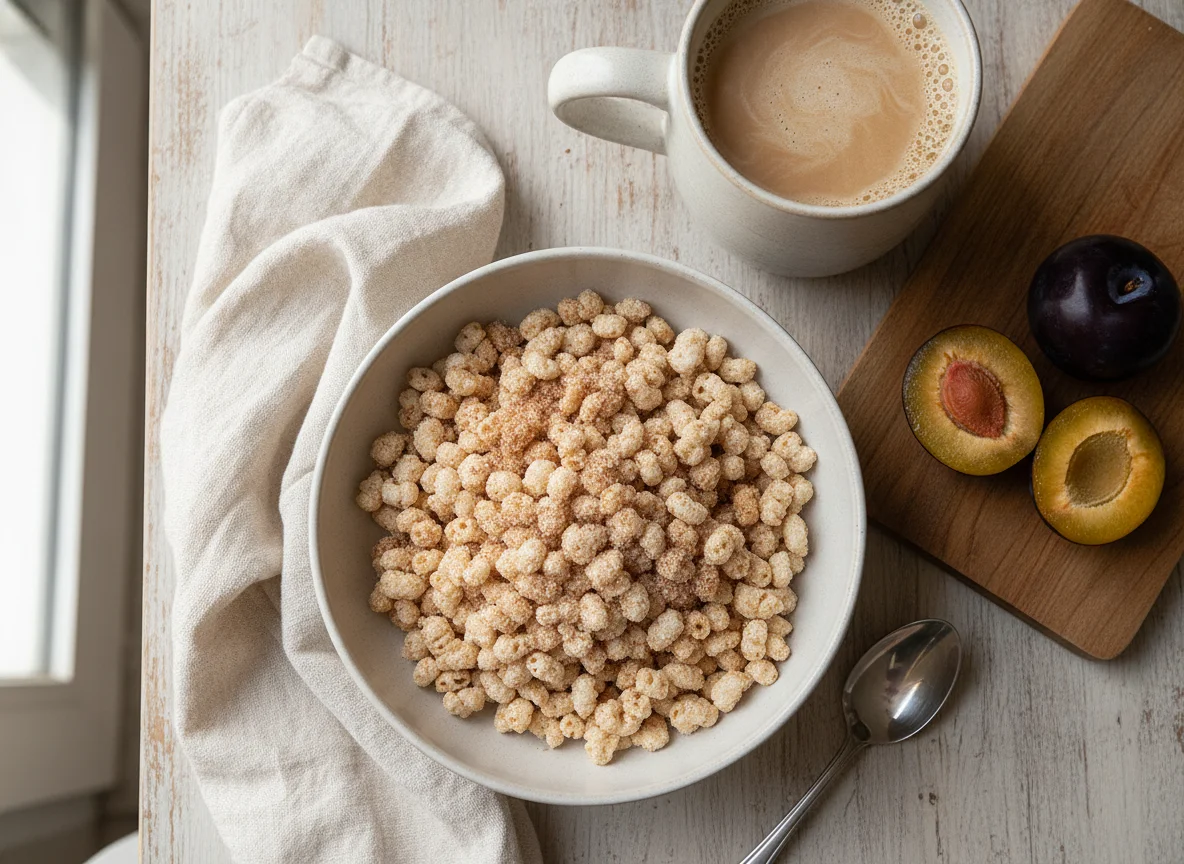 Desayuno con cereales, café con leche y ciruelas photo