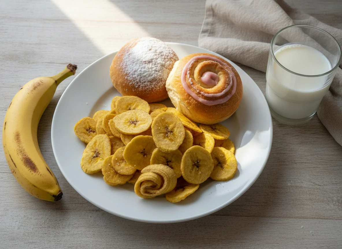 Desayuno con chifles, pan, leche y guineo photo