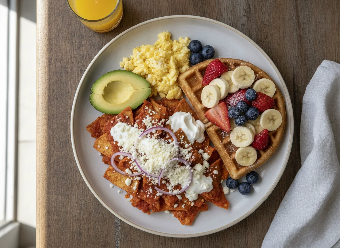 Desayuno con chilaquiles, huevo, aguacate y waffle con fruta photo
