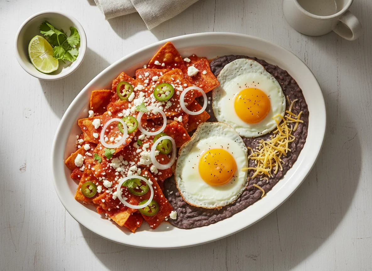 Desayuno con Chilaquiles y Huevos Fritos photo